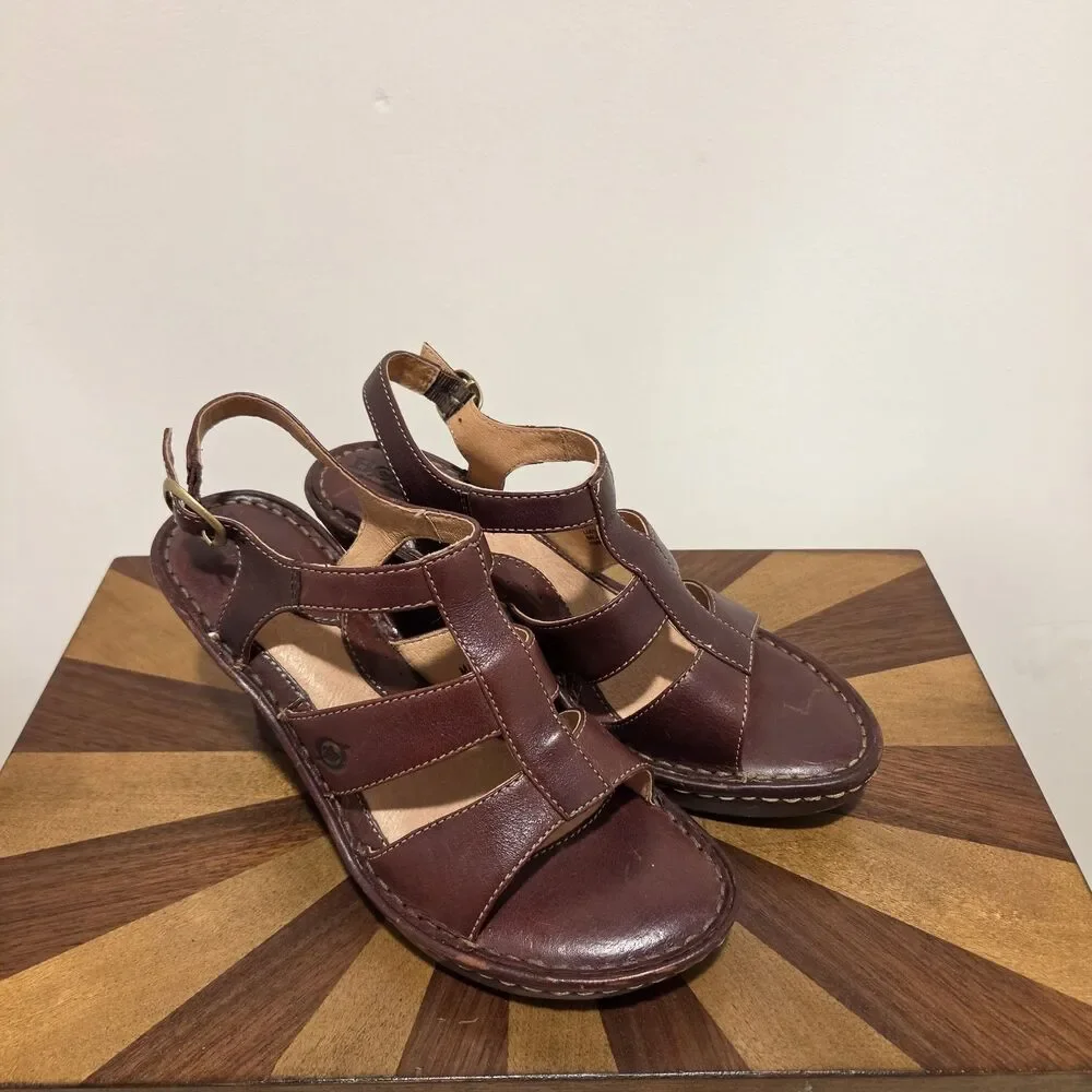 BORN Caged T-Strap Wedge Heeled Sandals US 7 Brown Leather Strappy Boho Hippie